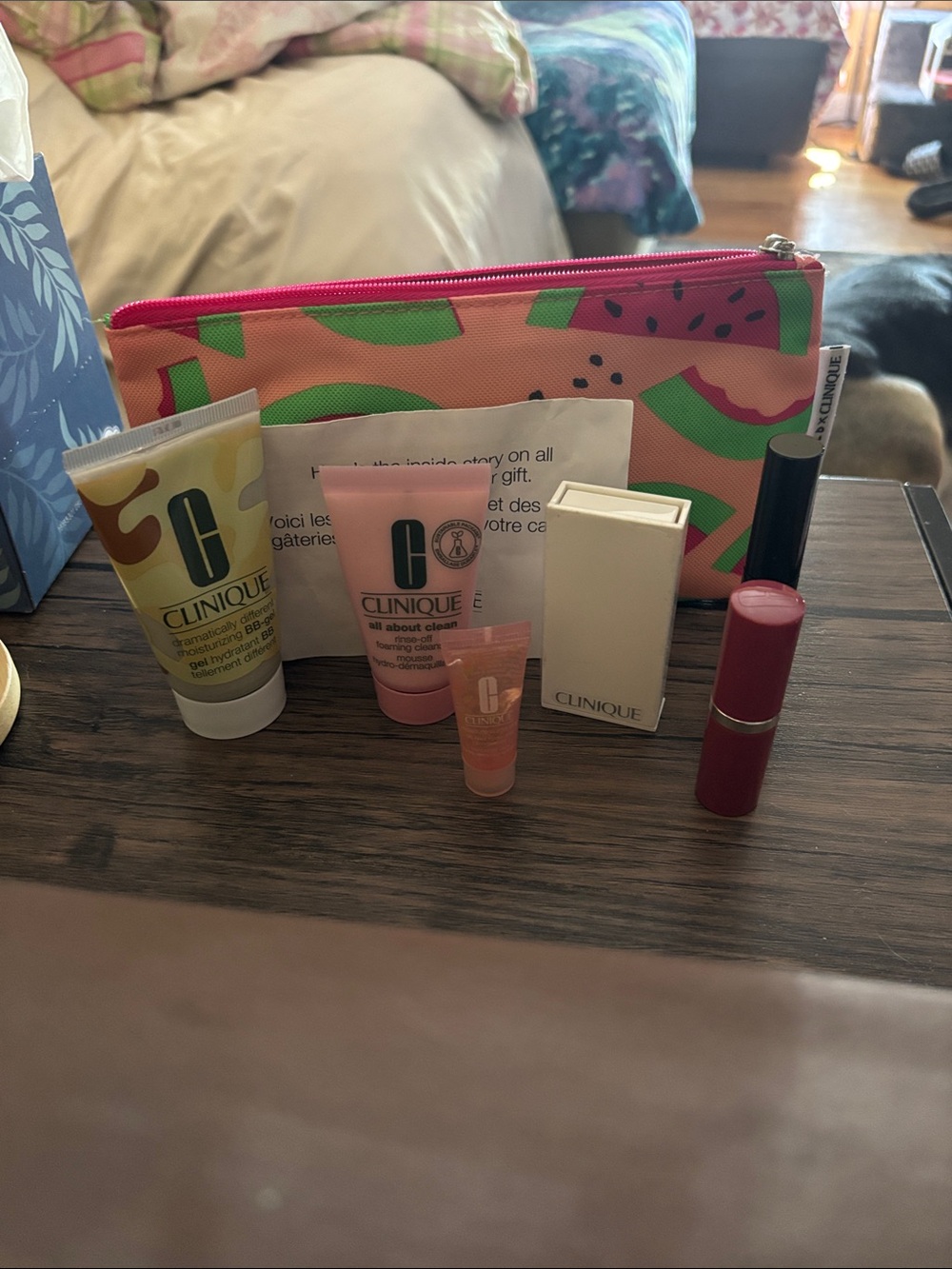Clinique Mini Makeup Set with Pink and Green Patterned Pouch